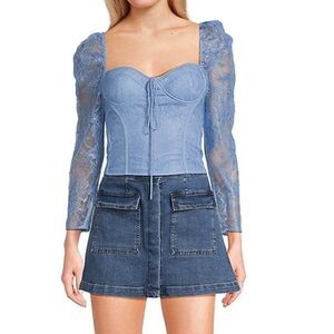 Laura Woven Lace Sweetheart Neck Tie Front Long Sleeve Fitted Blouse Denim Blue